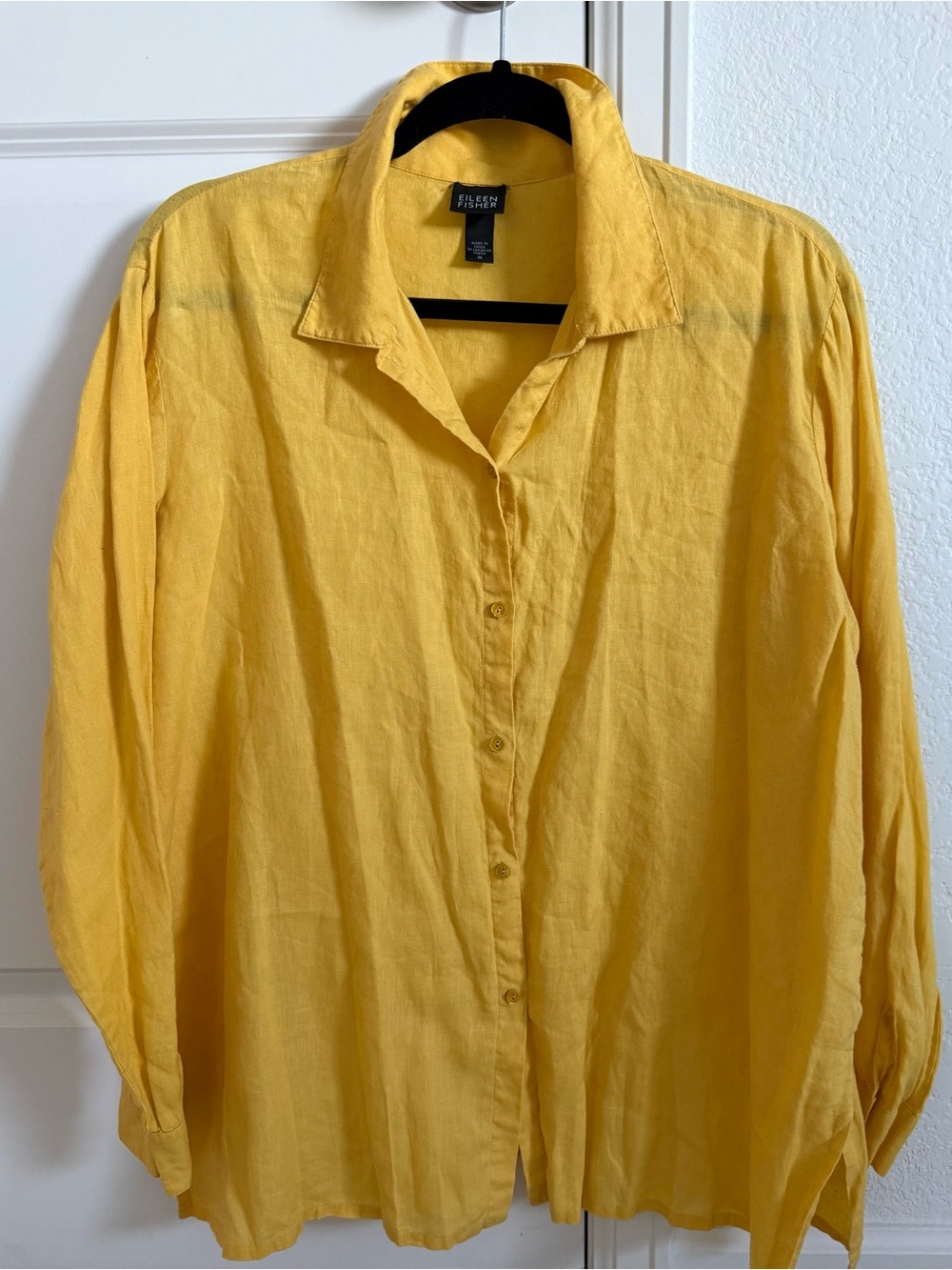 Eileen Fisher Yellow Irish Linen Long Sleeve Button Down Top, Womens Medium